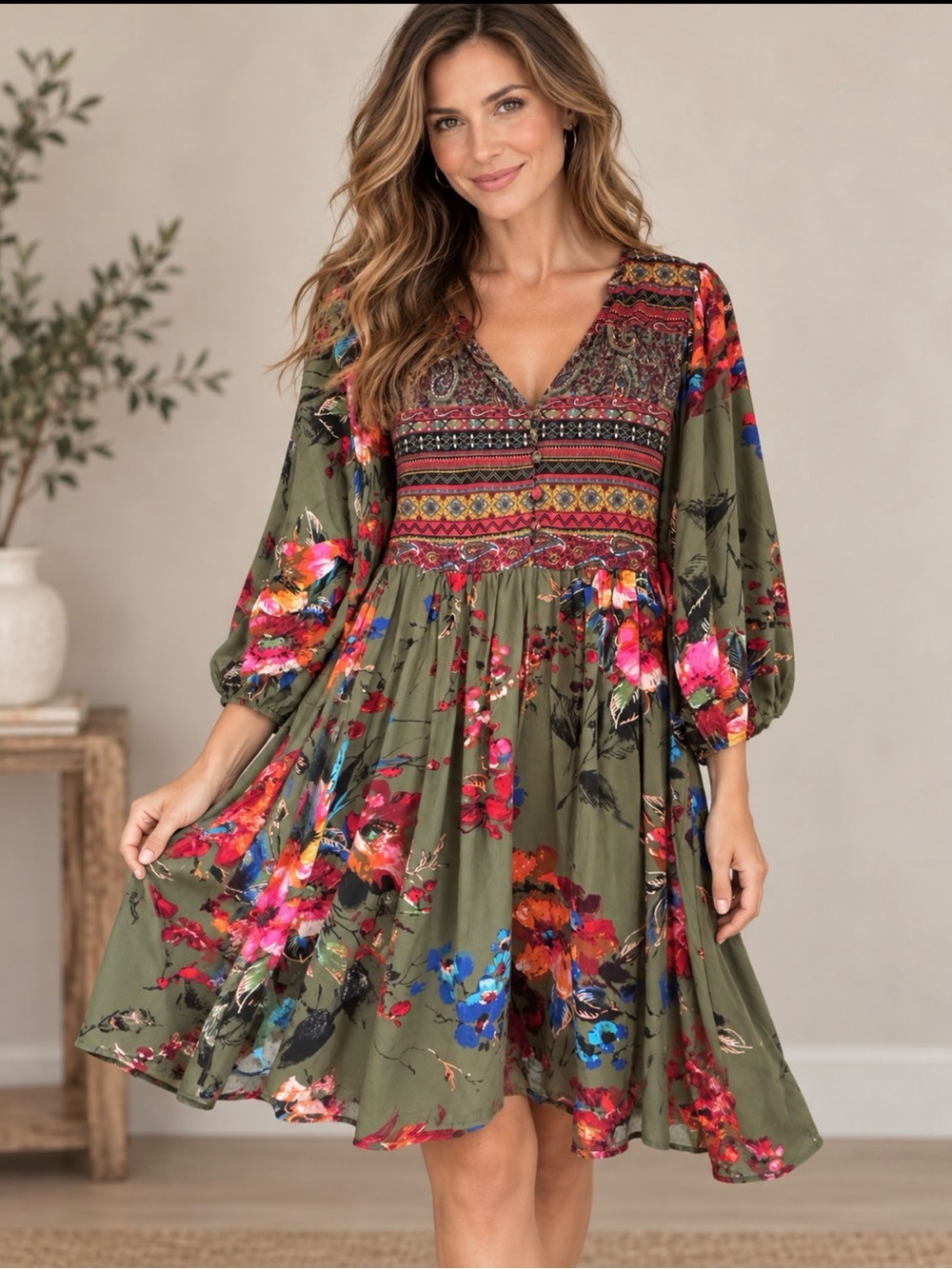 Umgee NWOT Olive Multicolor Floral Long Sleeve Boho Dress